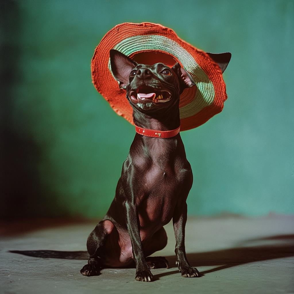 Happy Xoloitzcuintle in Mexican Backyard with Hat 