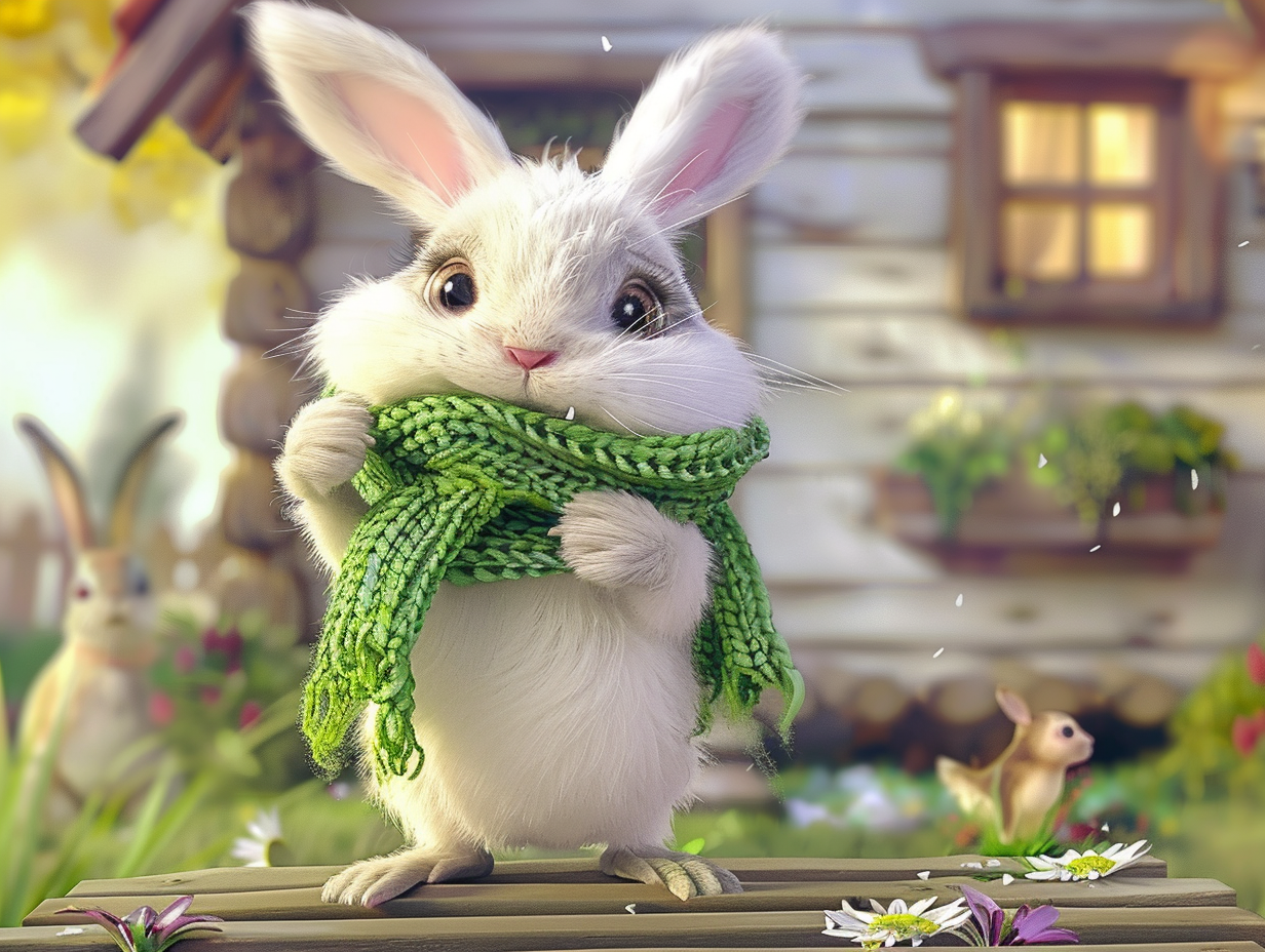 Happy animals with fluffy white rabbit in green scarf.