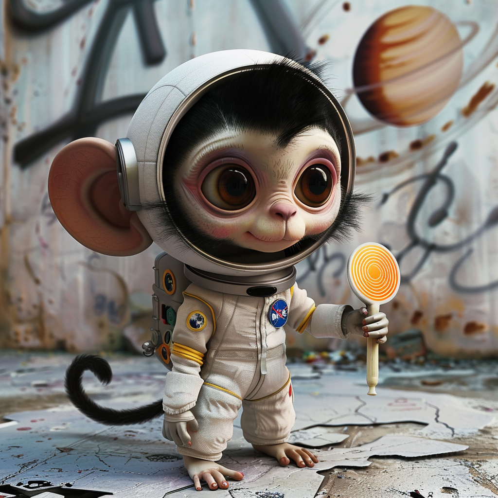 Happy astronaut monkey painting Saturn grafitti on wall, cute.