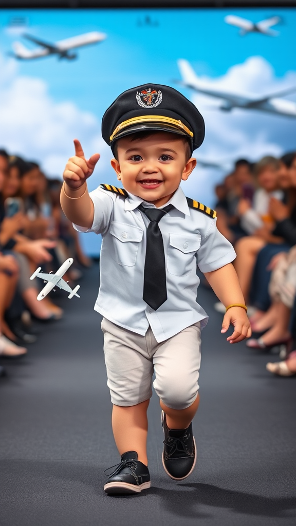 Happy baby pilot walks runway, pointing to sky.