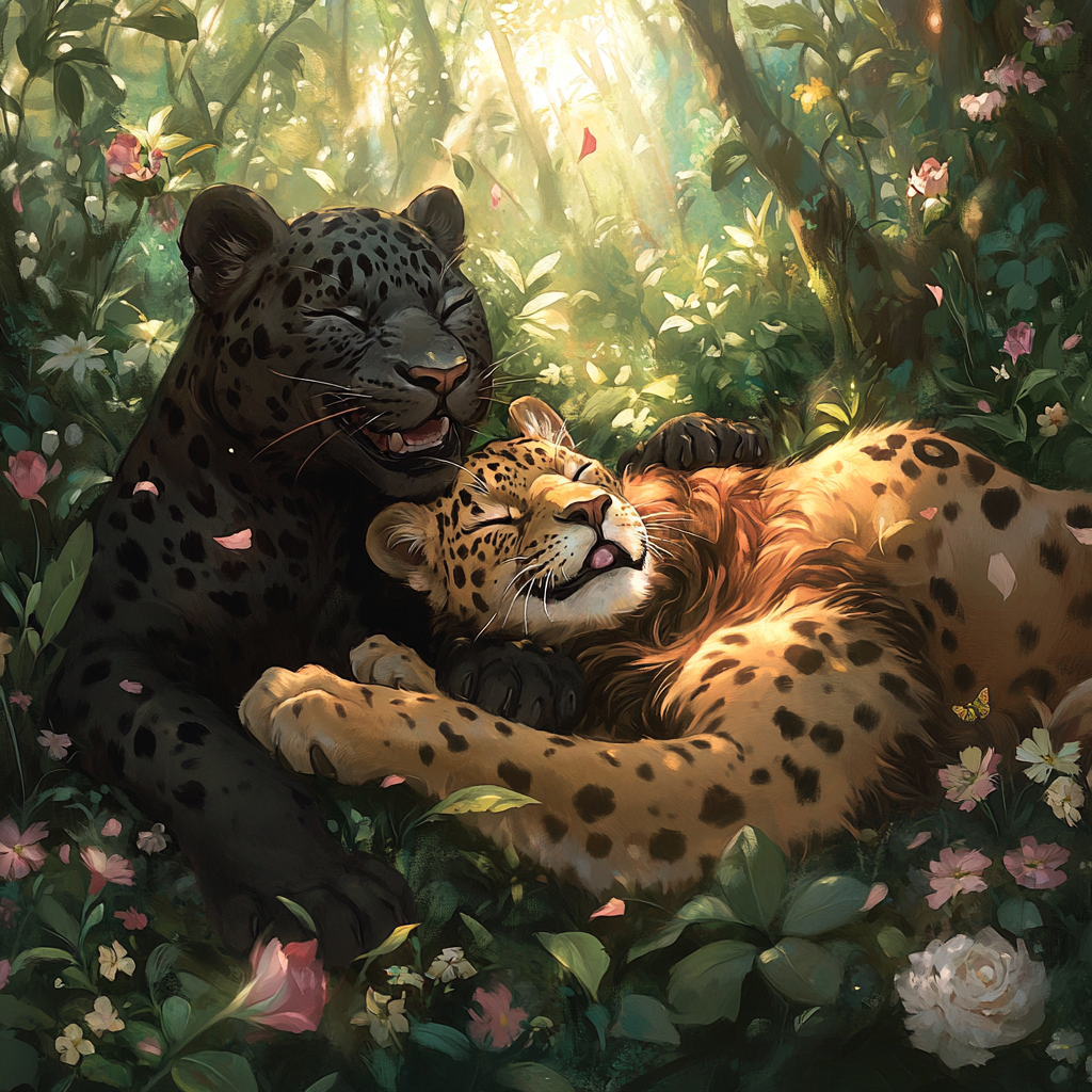 Happy black jaguar and lion in the forest