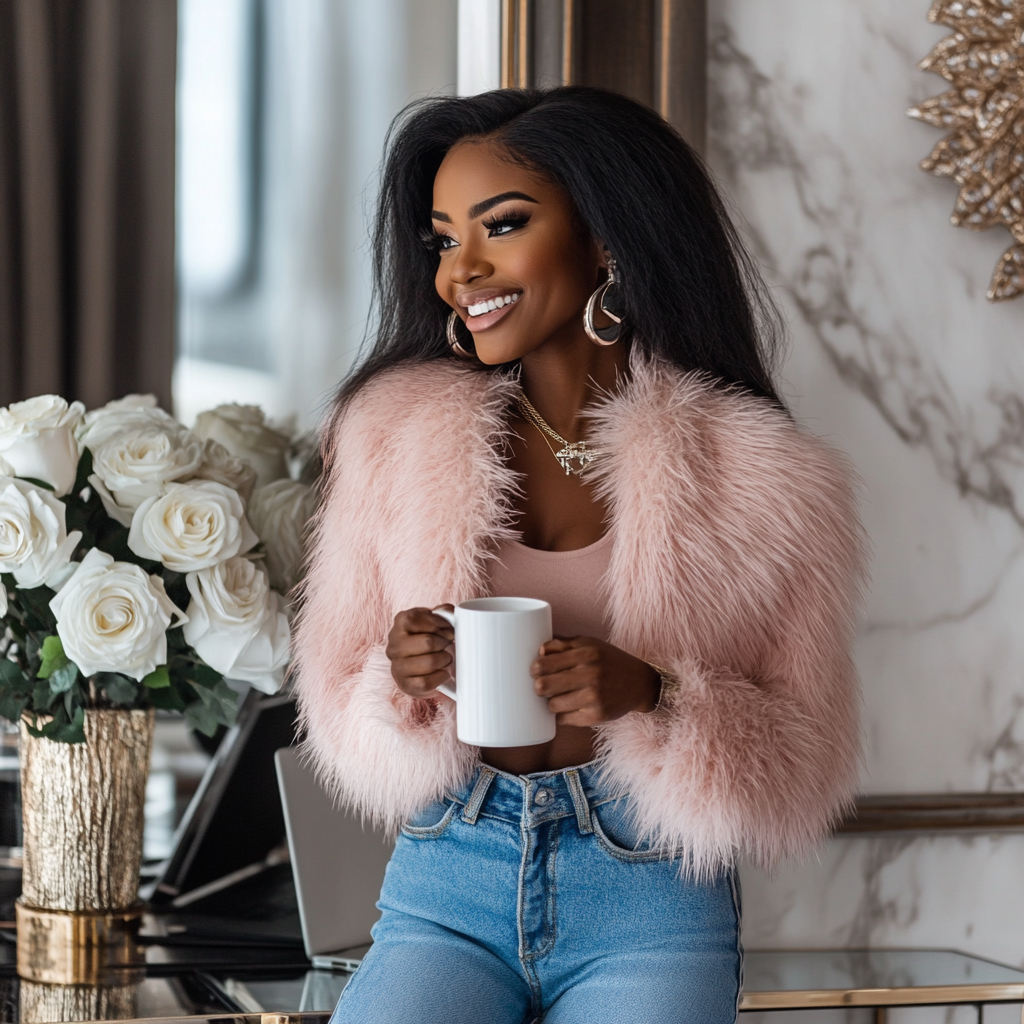 Happy black woman in luxury home office.