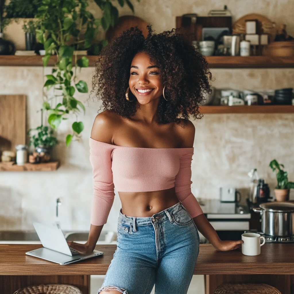 Happy black woman in pink top and jeans poses.