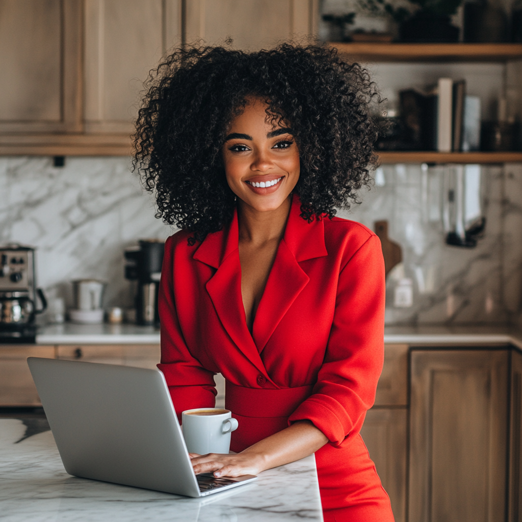 Happy black woman in red outfit with laptop.