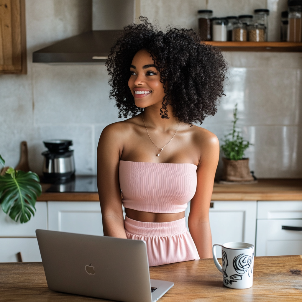 Happy black woman with laptop in home kitchen.