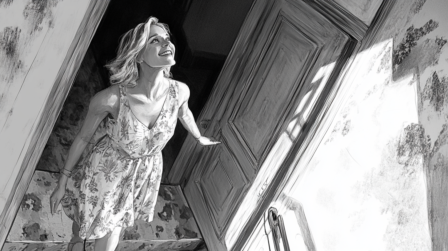 Happy blonde woman in dress stepping out of building