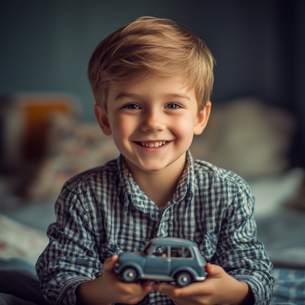 Happy boy in 50's bedroom playing with toy car.