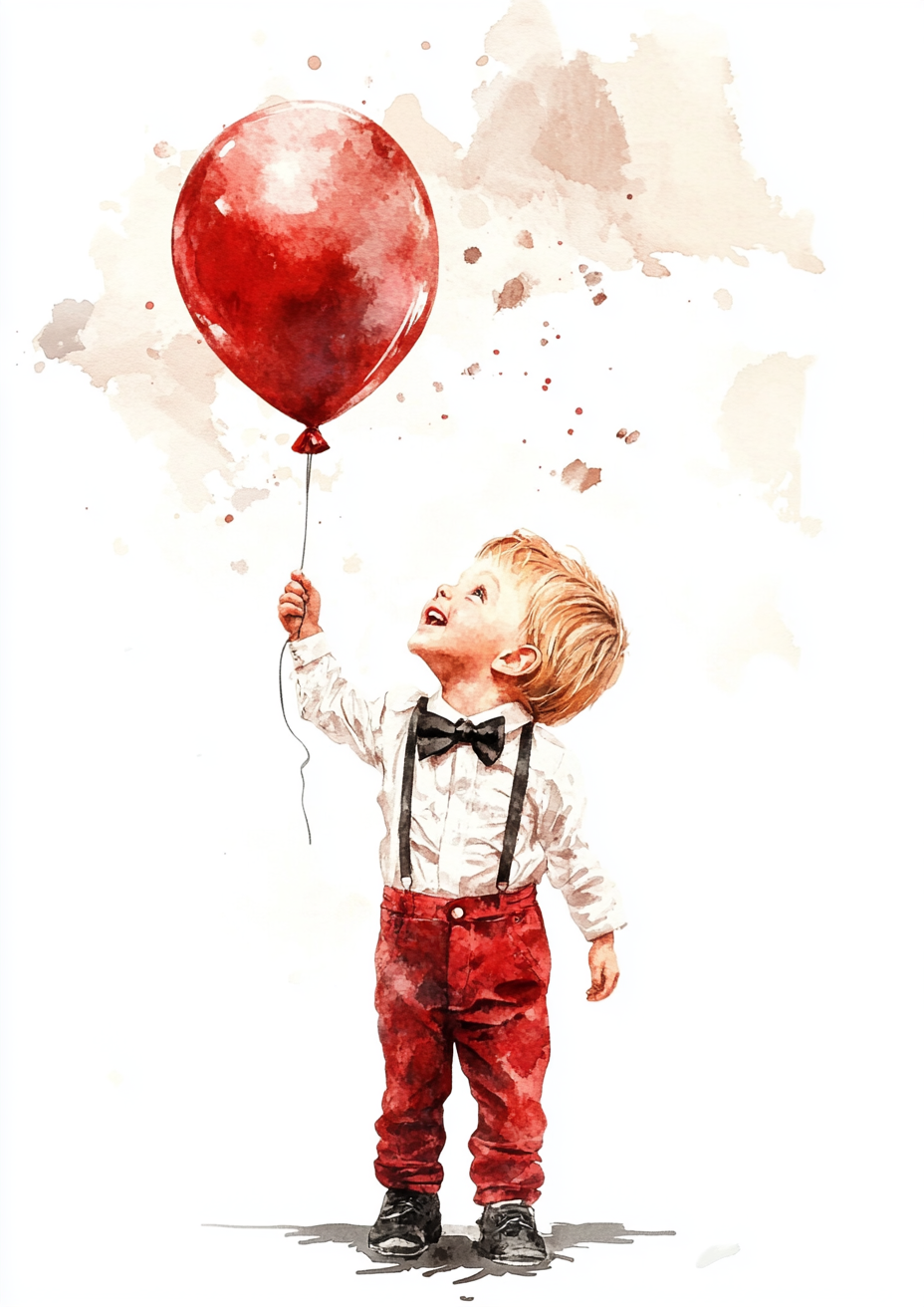 Happy boy with balloon in watercolor art style.