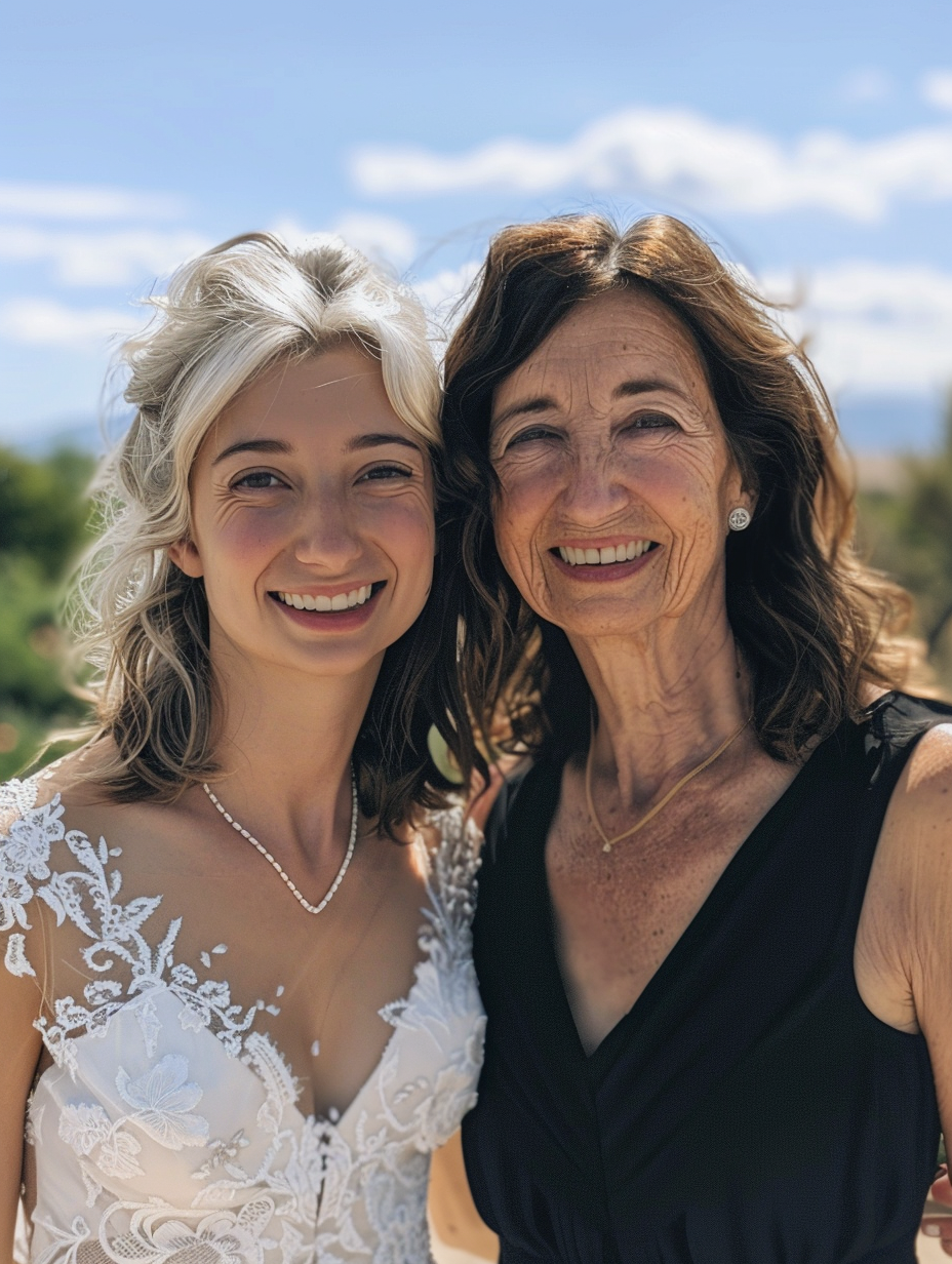 Happy bride and mom outside in wedding attire