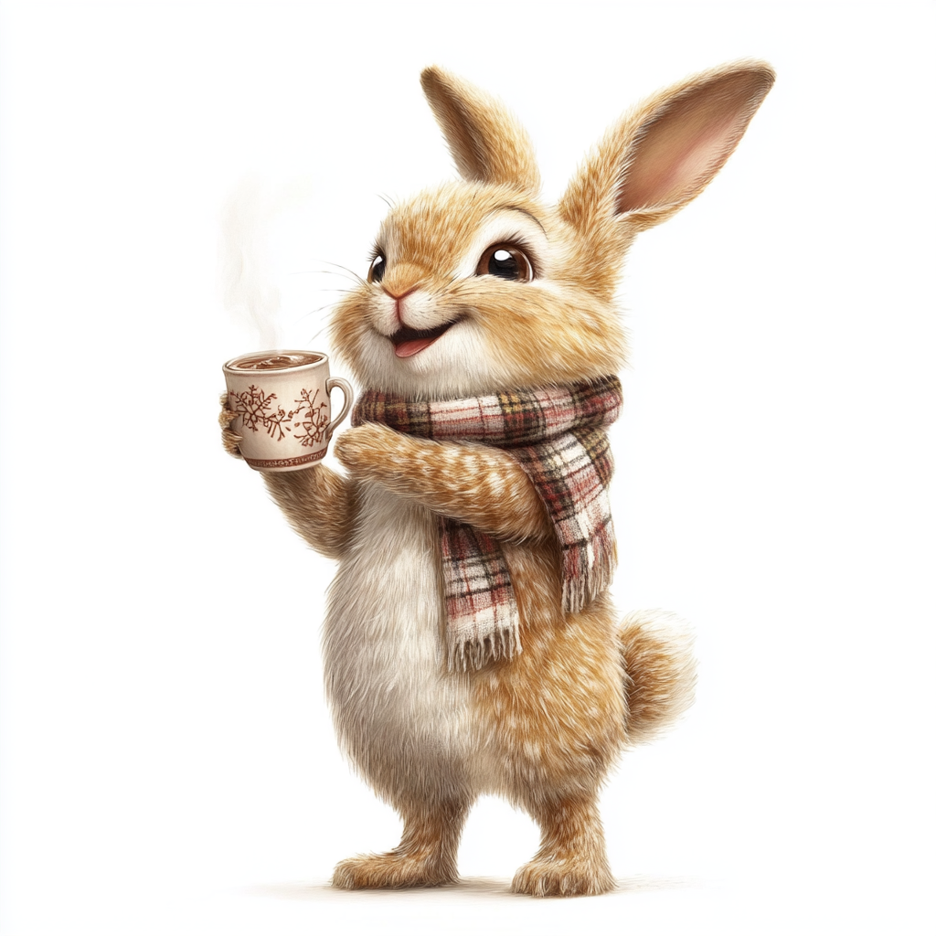 Happy bunny drinking hot chocolate in plaid scarf