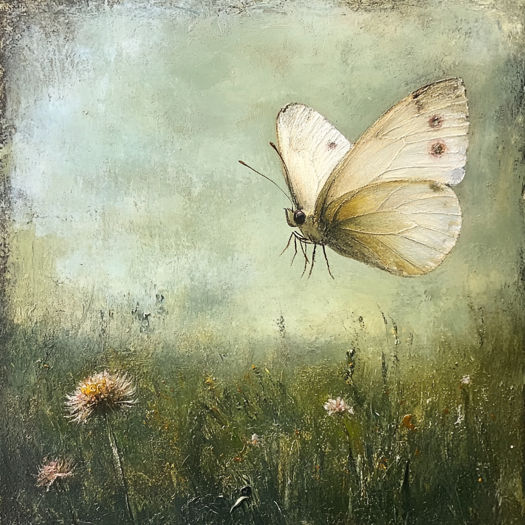 Happy butterfly on flower in pastel rural painting 