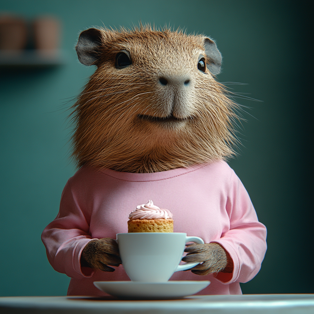 Happy capybara drinking coffee in pink shirt at cafe.