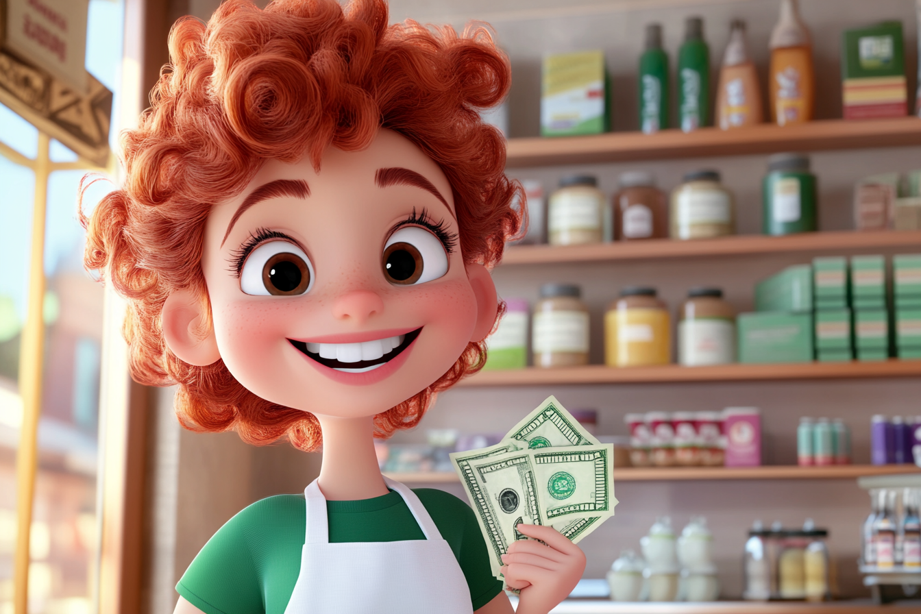 Happy cartoon lady with red hair, money, products