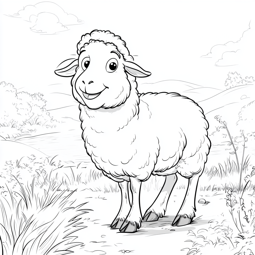 Happy cartoon sheep standing in garden by sea.