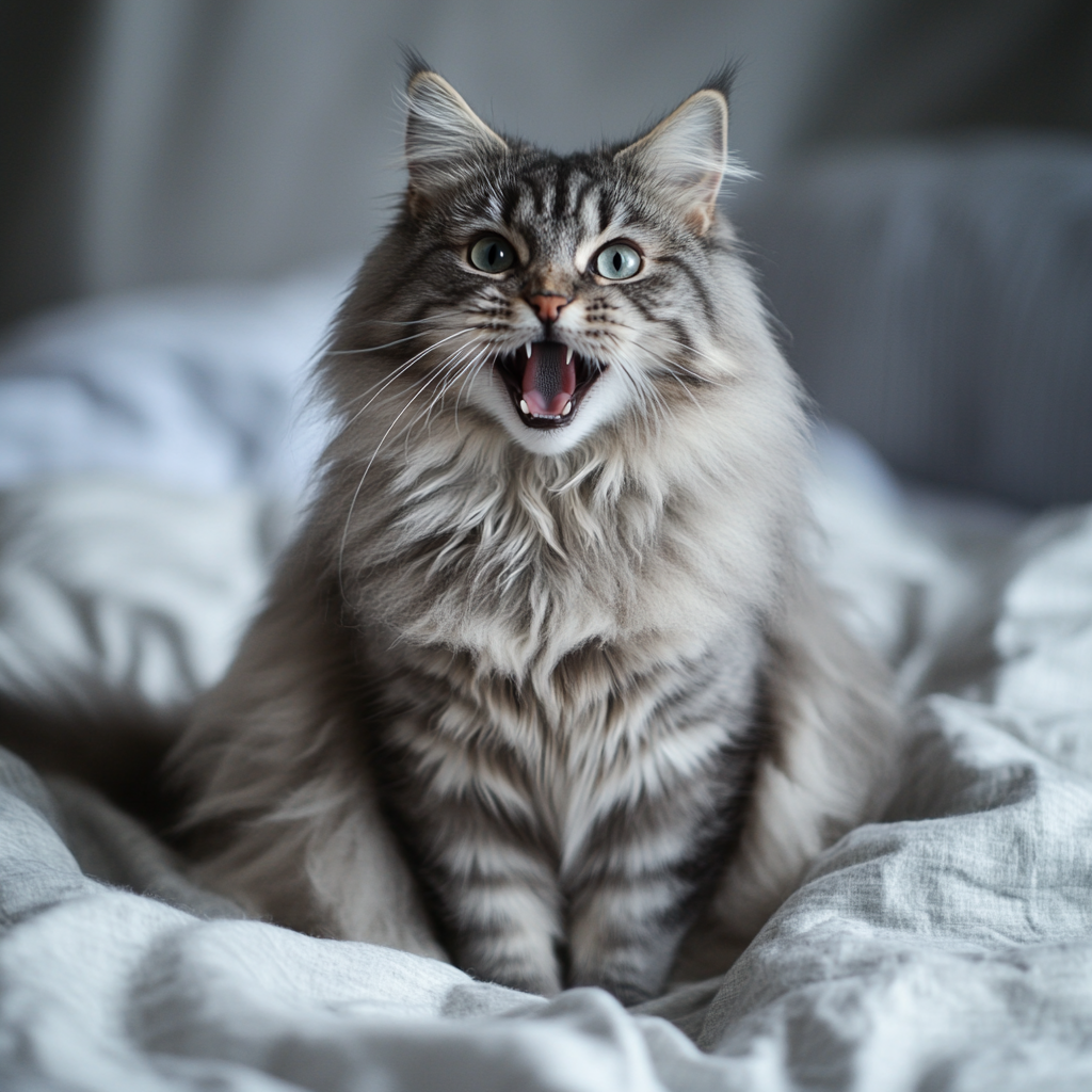 Happy cat with fluffy fur and big eyes.