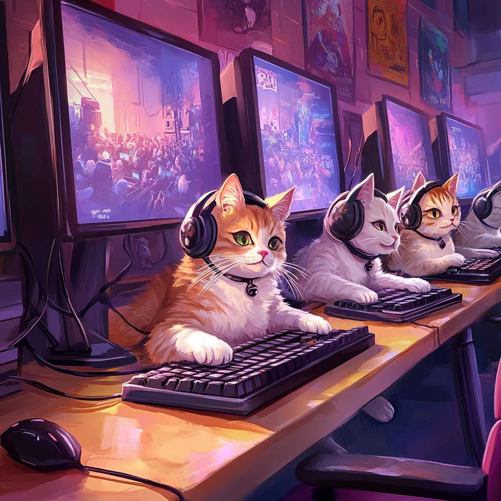 Happy cats playing games on computers with headphones