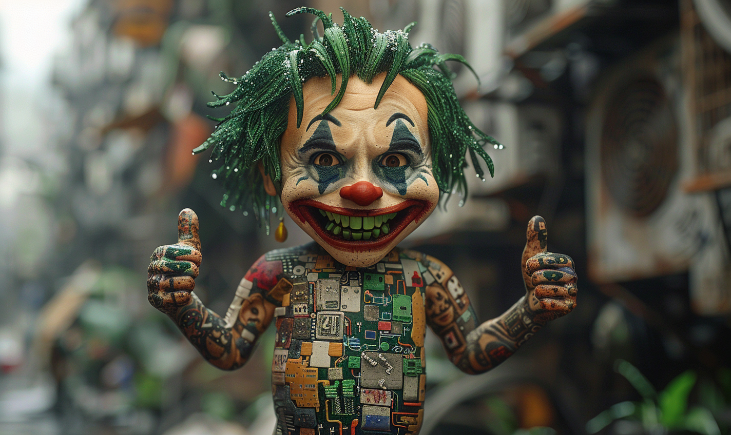 Happy character: thin, tattoos, green hair, circuit board body.