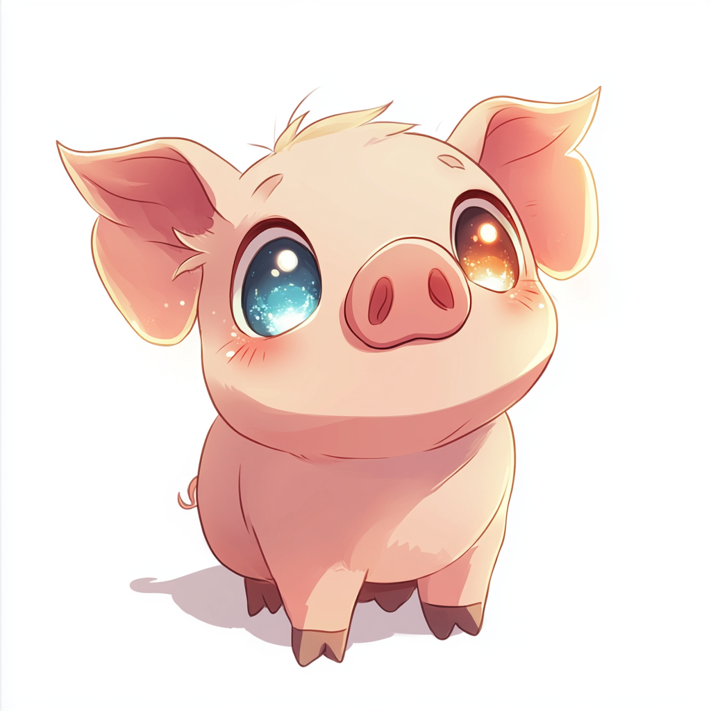 Happy chibi anime pig with glowing eyes design.