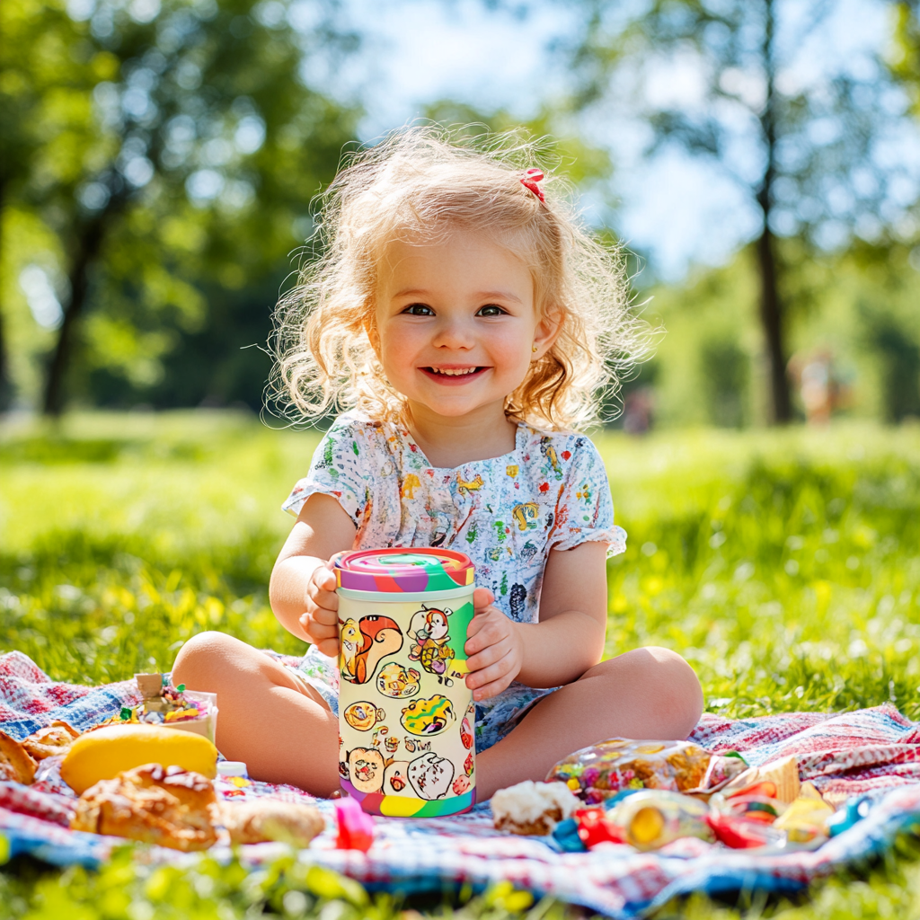 Happy child at sunny park picnic with thermos.