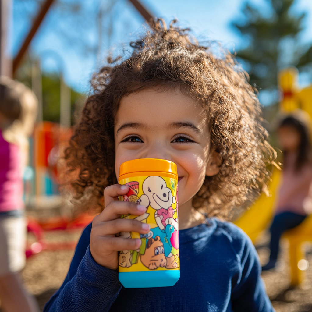 Happy child drinking from colorful thermos at playground.