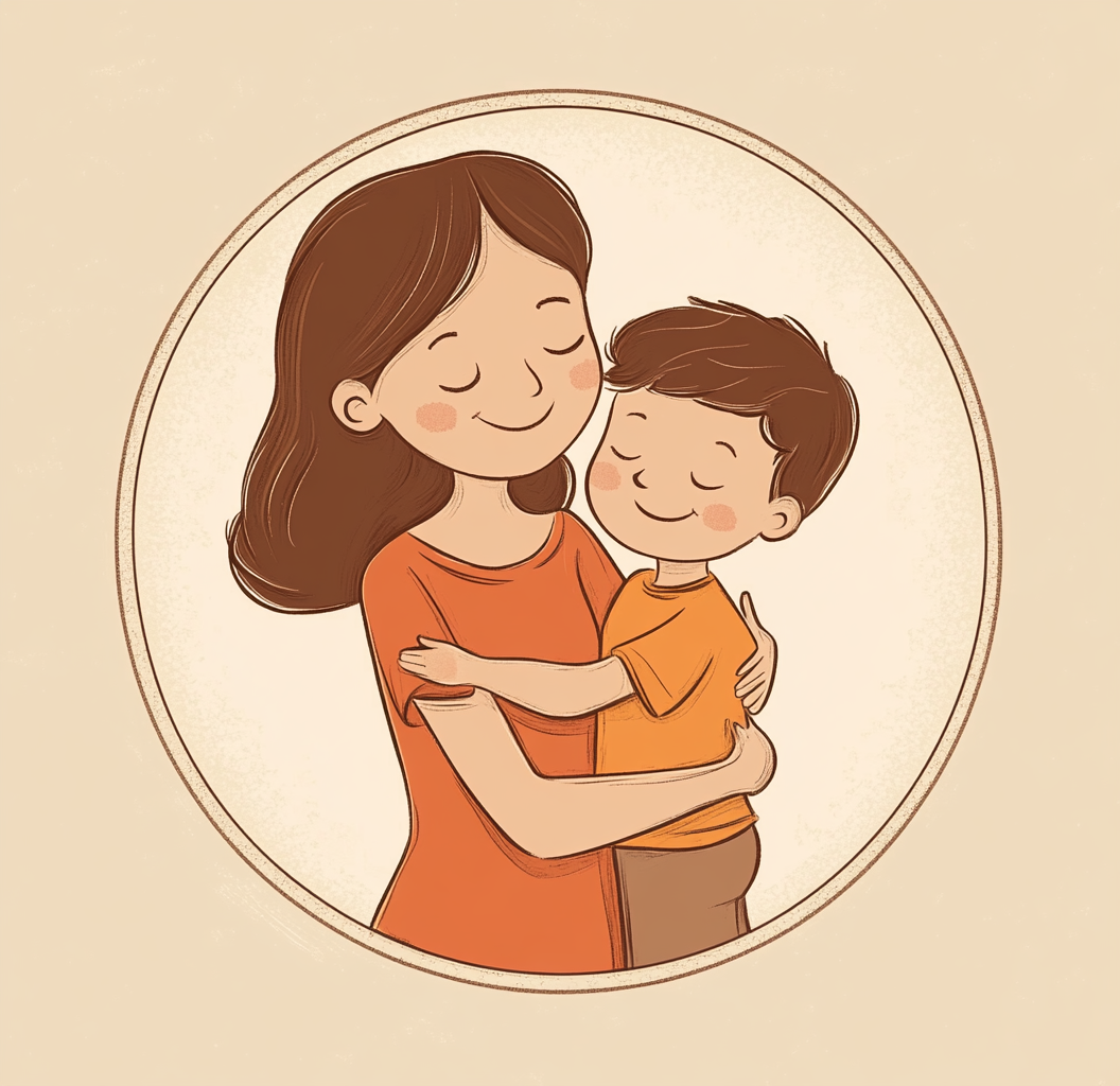 Happy child hugs smiling mom in cute cartoon.