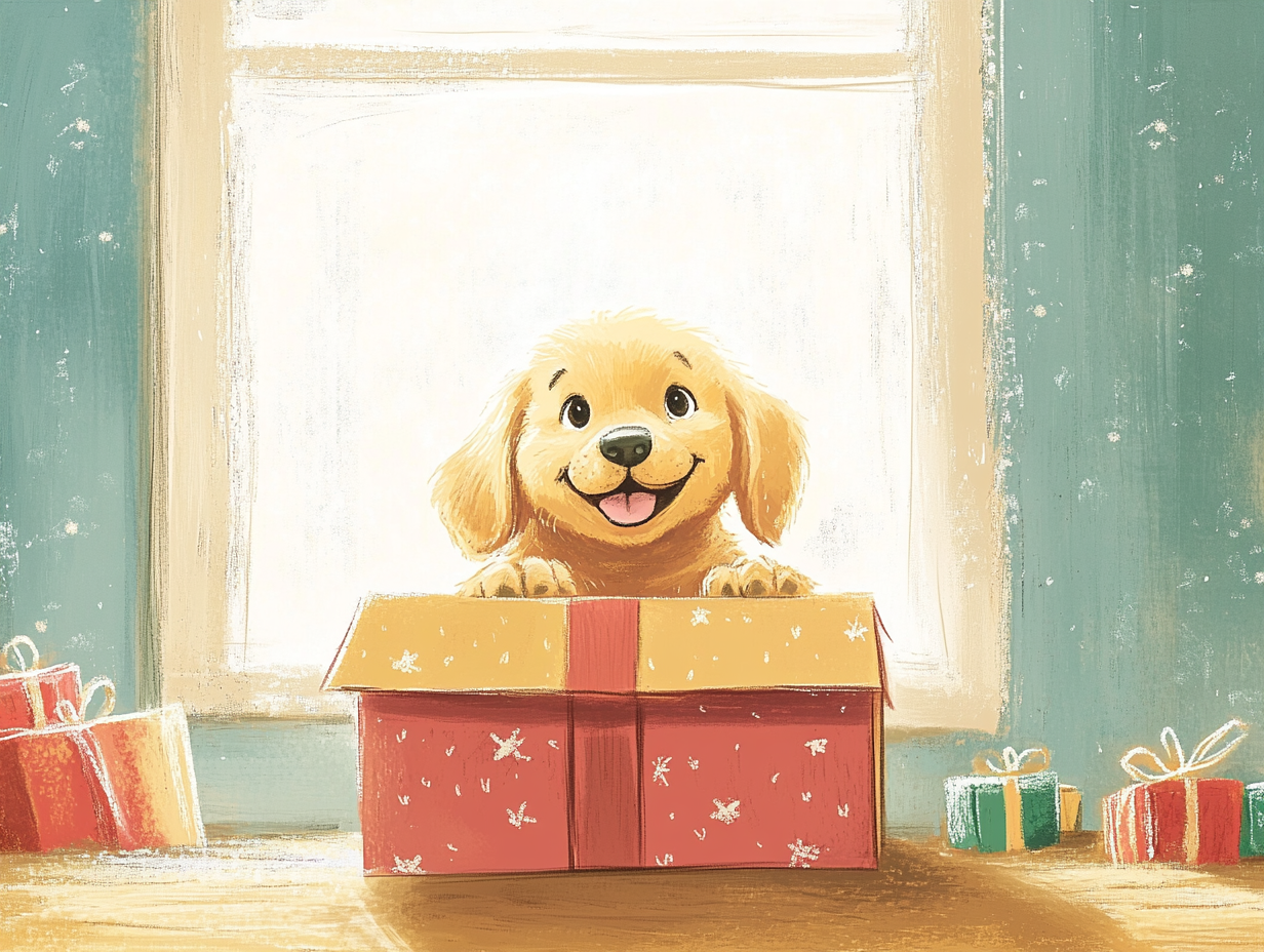 Happy child receiving Golden Retriever puppy on Christmas morning.