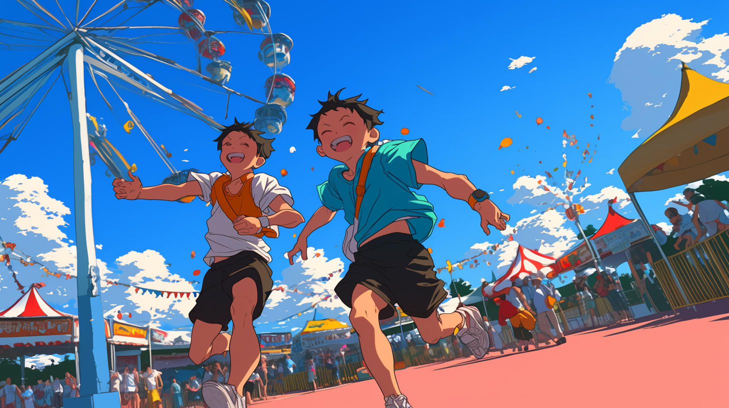 Happy children run at sunny Florida carnival