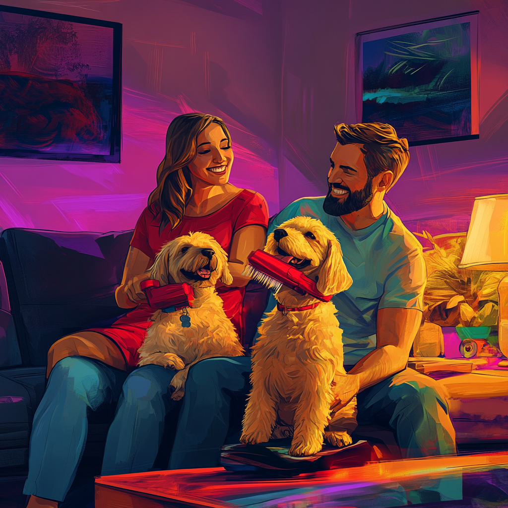 Happy couple grooming two dogs in colorful living room