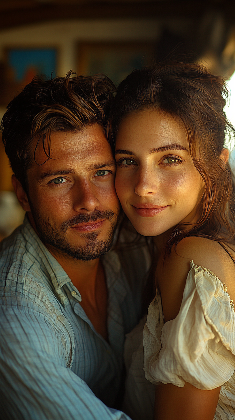 Happy couple sharing moment in warmly lit room