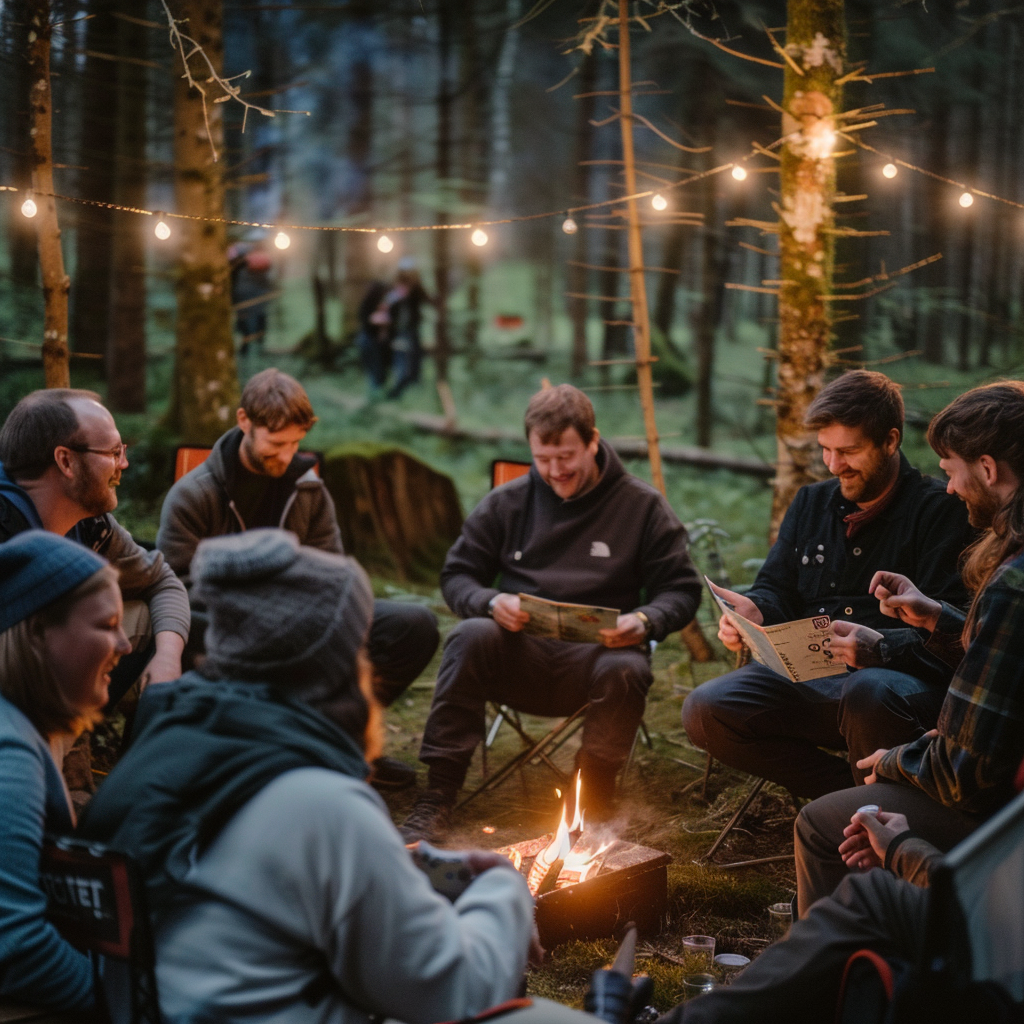 Happy coworkers playing games near campfire in forest