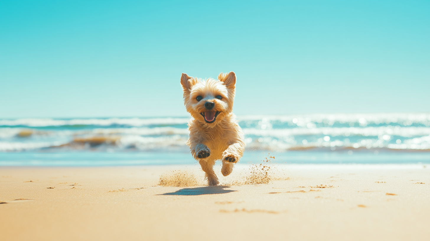 Happy dog playing on sunny beach with ball.