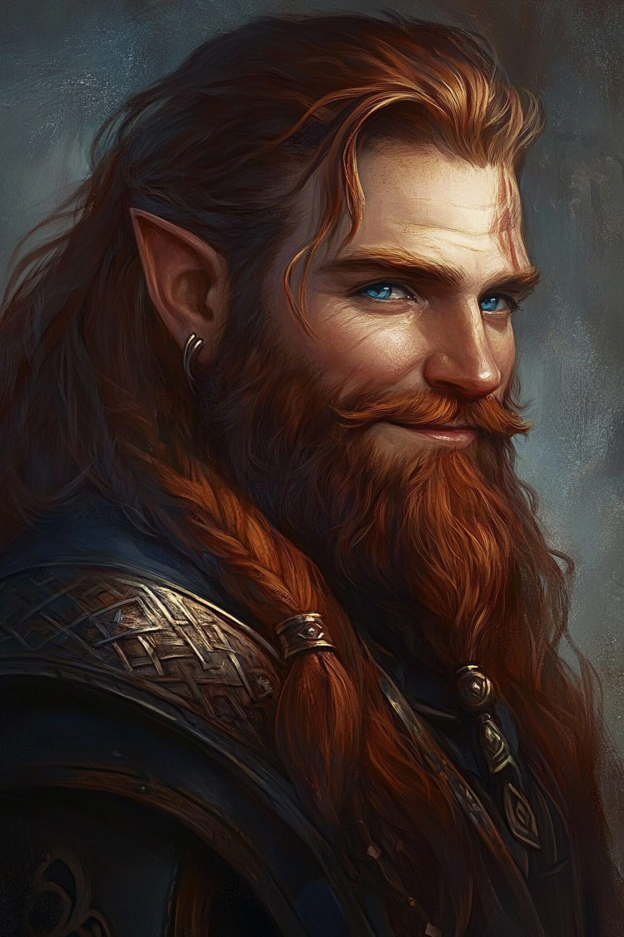 Happy dwarf with auburn hair in dark robes portrait.