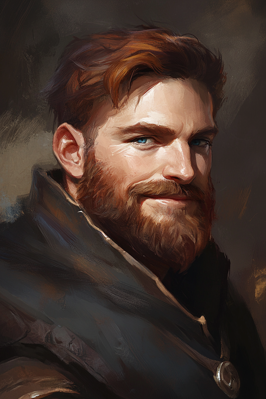 Happy dwarven male with auburn hair, blue eyes, in robes.