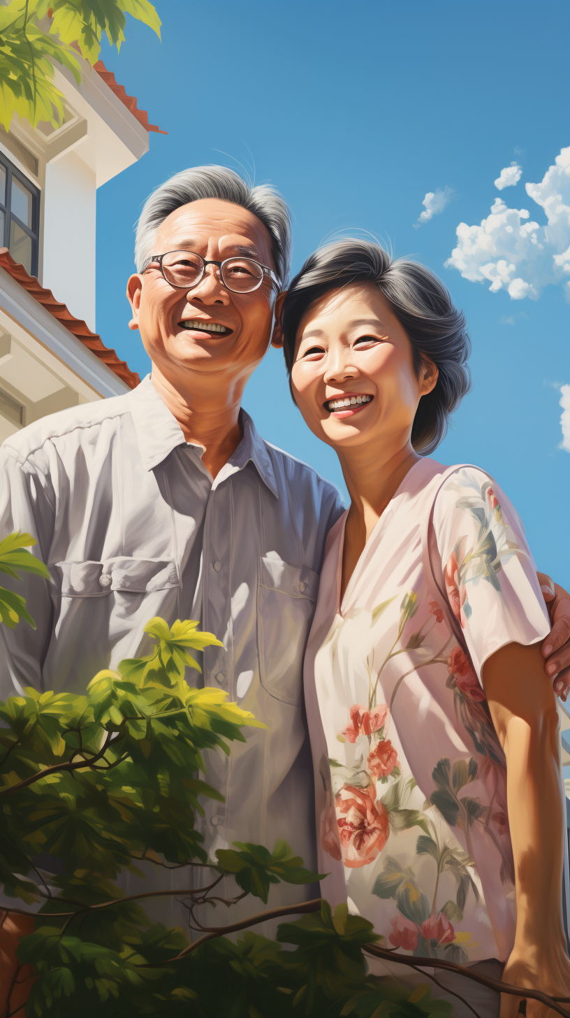 Happy elderly Asian couple in front of building.