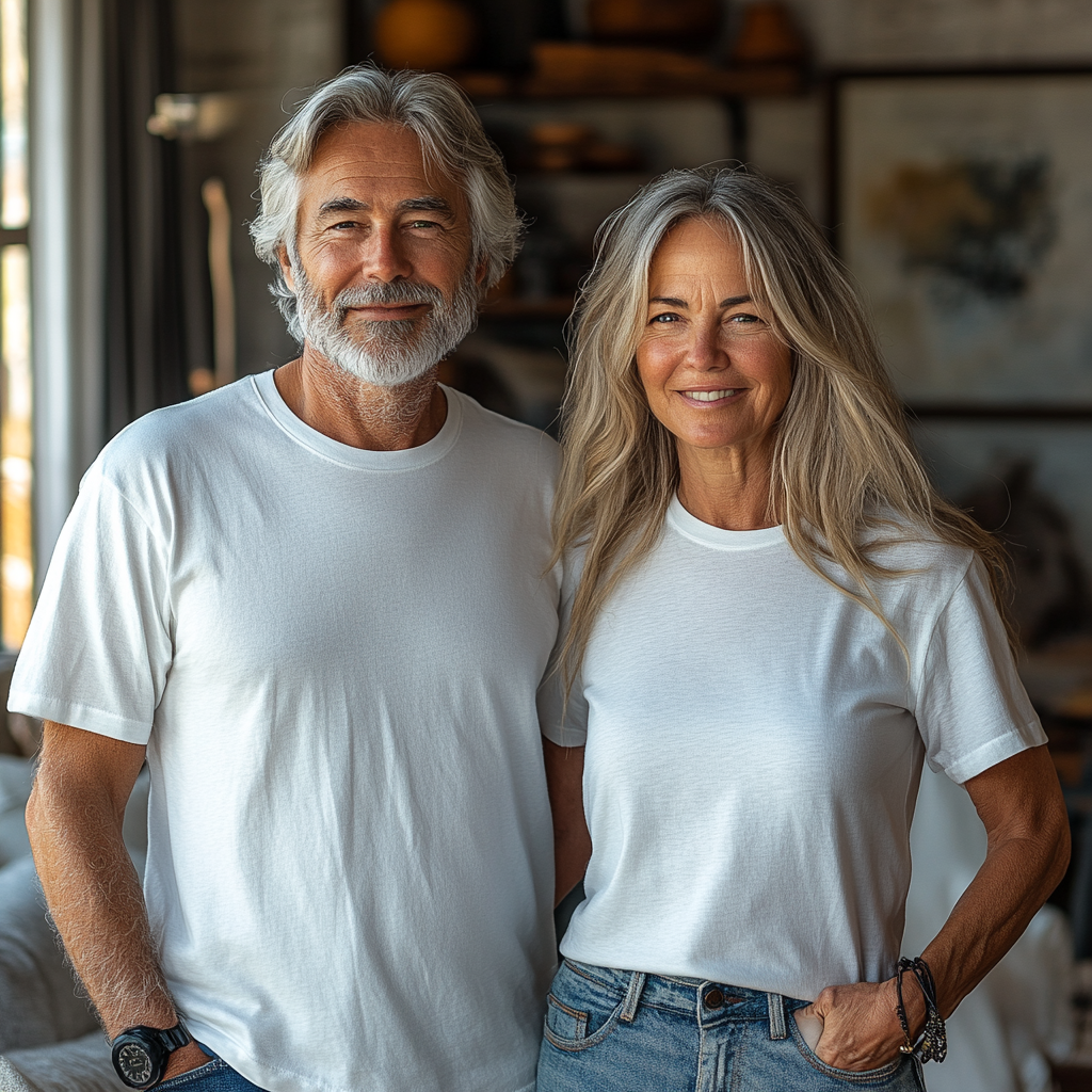 Happy elderly couple in white shirts, smiling together.