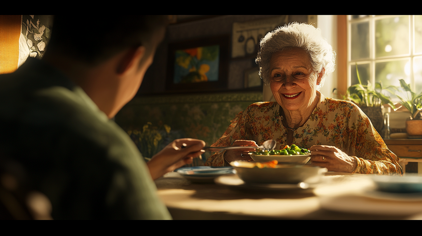 Happy elderly lady and son eating lunch together