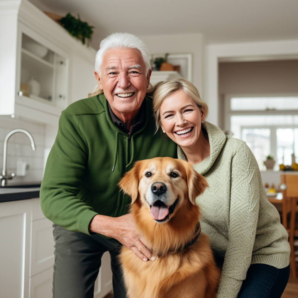 Happy elderly man & young woman with dog in kitchen