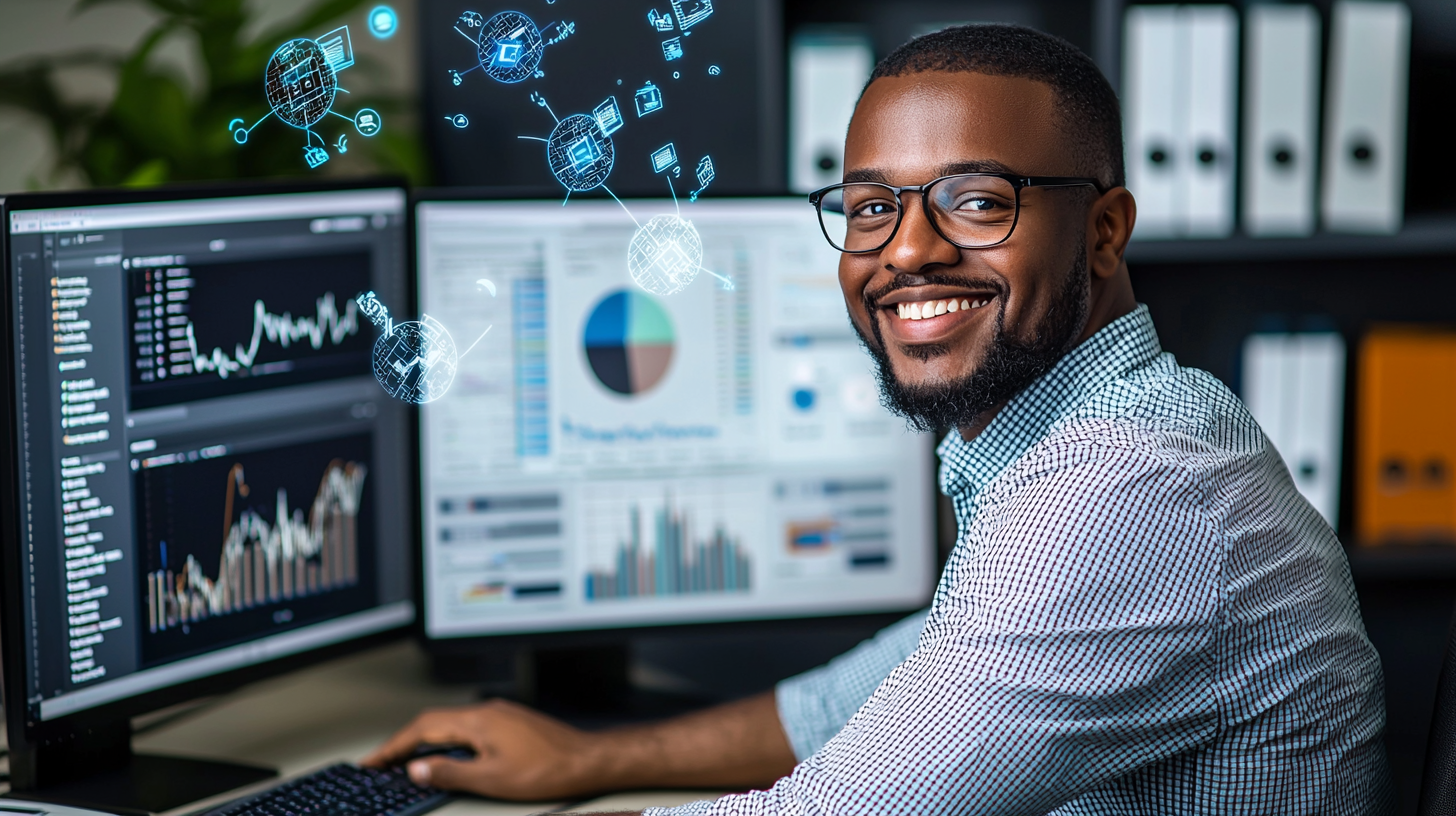 Happy executive in office with hi-tech screens.