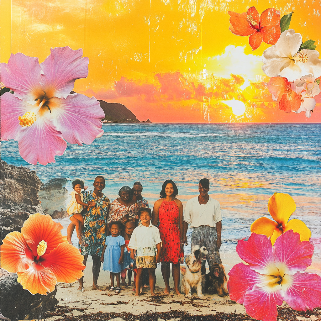 Happy family at Hawaiian beach with pets and flowers