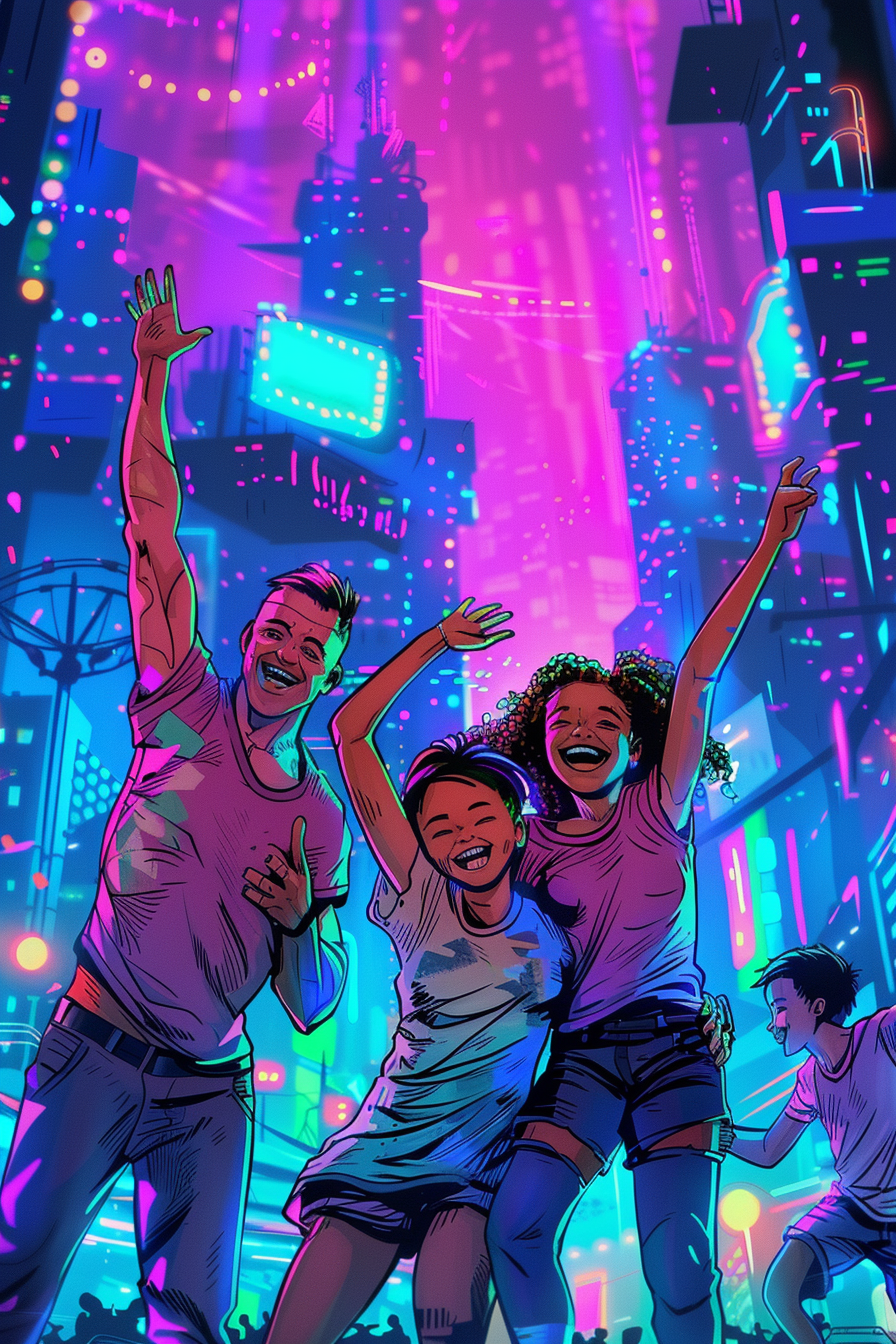 Happy family cartoon dancing in cyberpunk city 