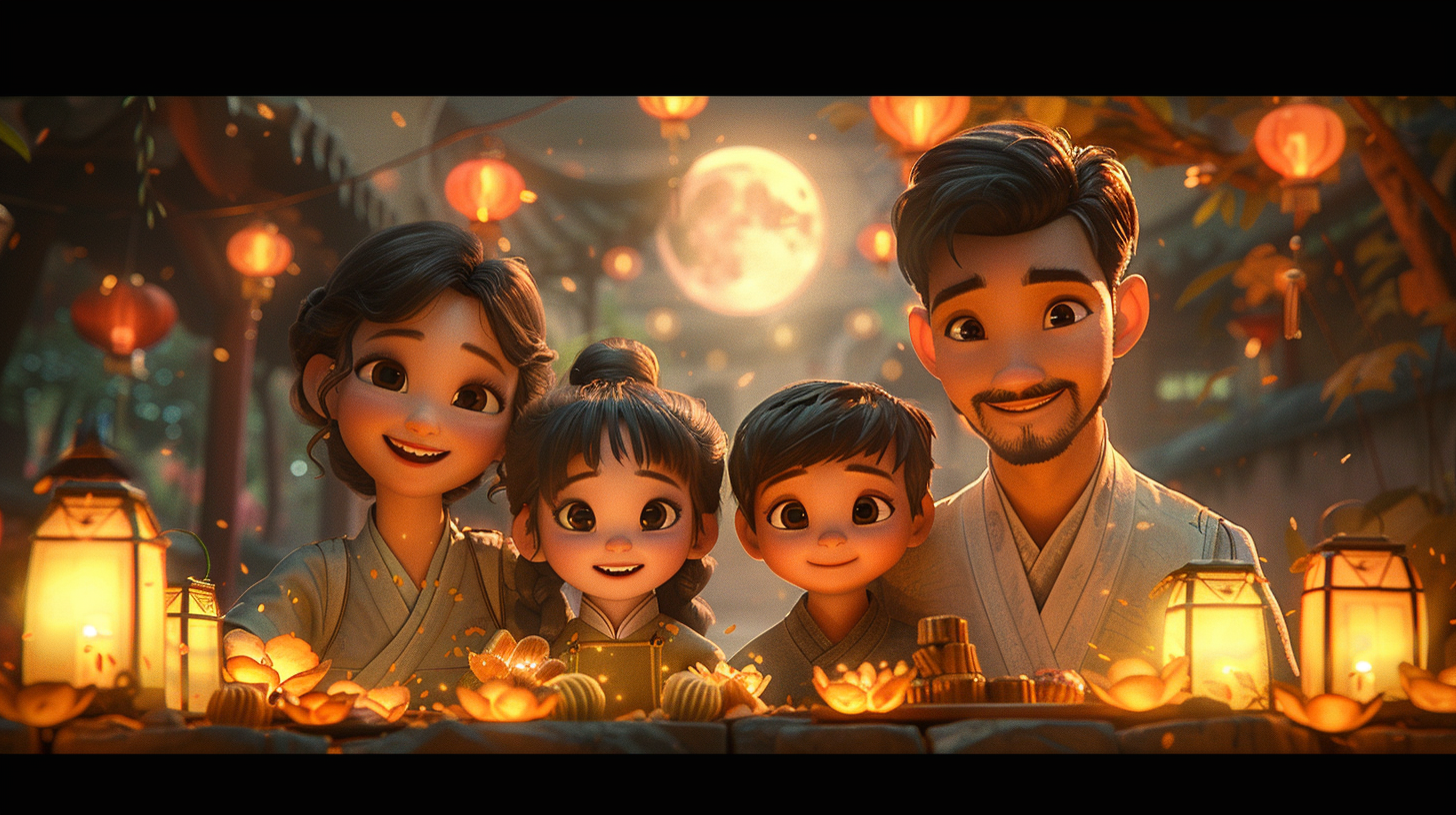 Happy family celebrating Mid-Autumn Festival with colorful lanterns