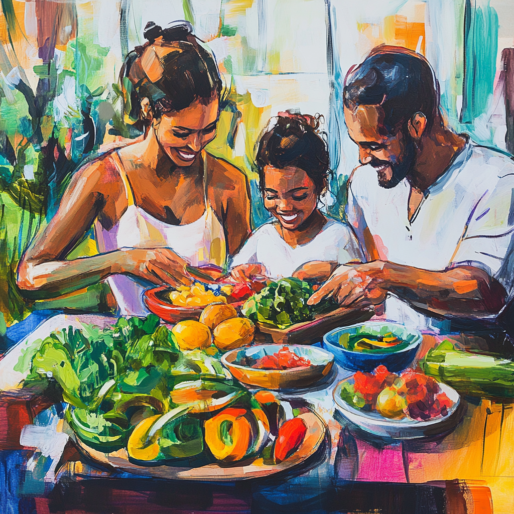 Happy family eats fresh, colorful meal together.