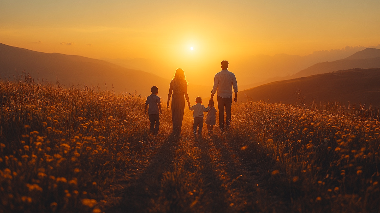 Happy family enjoying sunny day on hilltop.