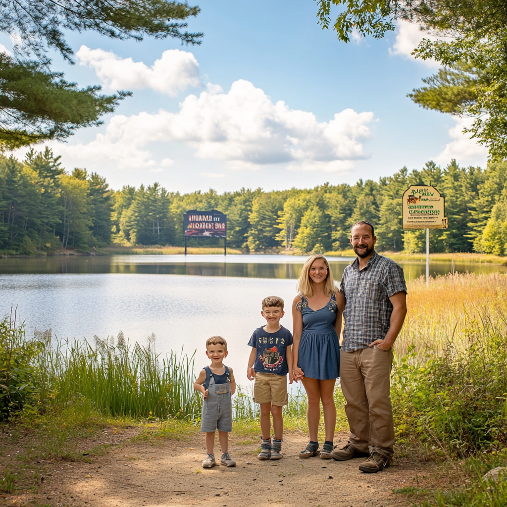 Happy family in Massachusetts with forest and lake.