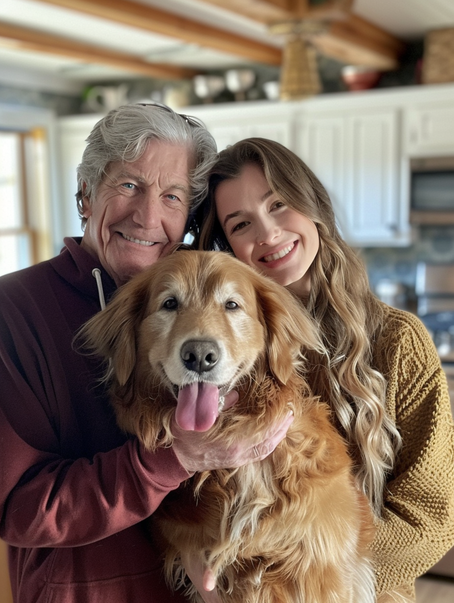 Happy family photo in kitchen with dog