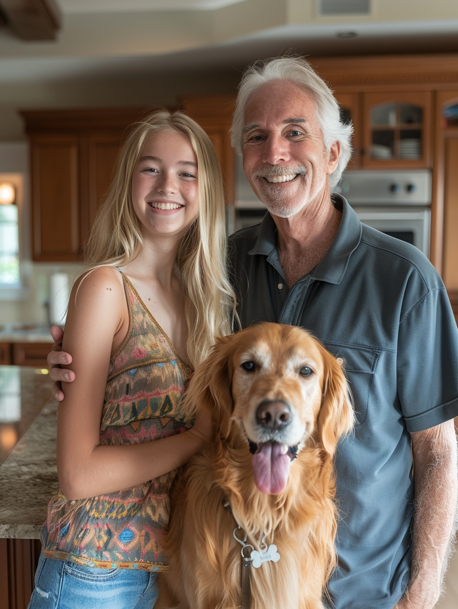 Happy family photo in kitchen with golden retriever