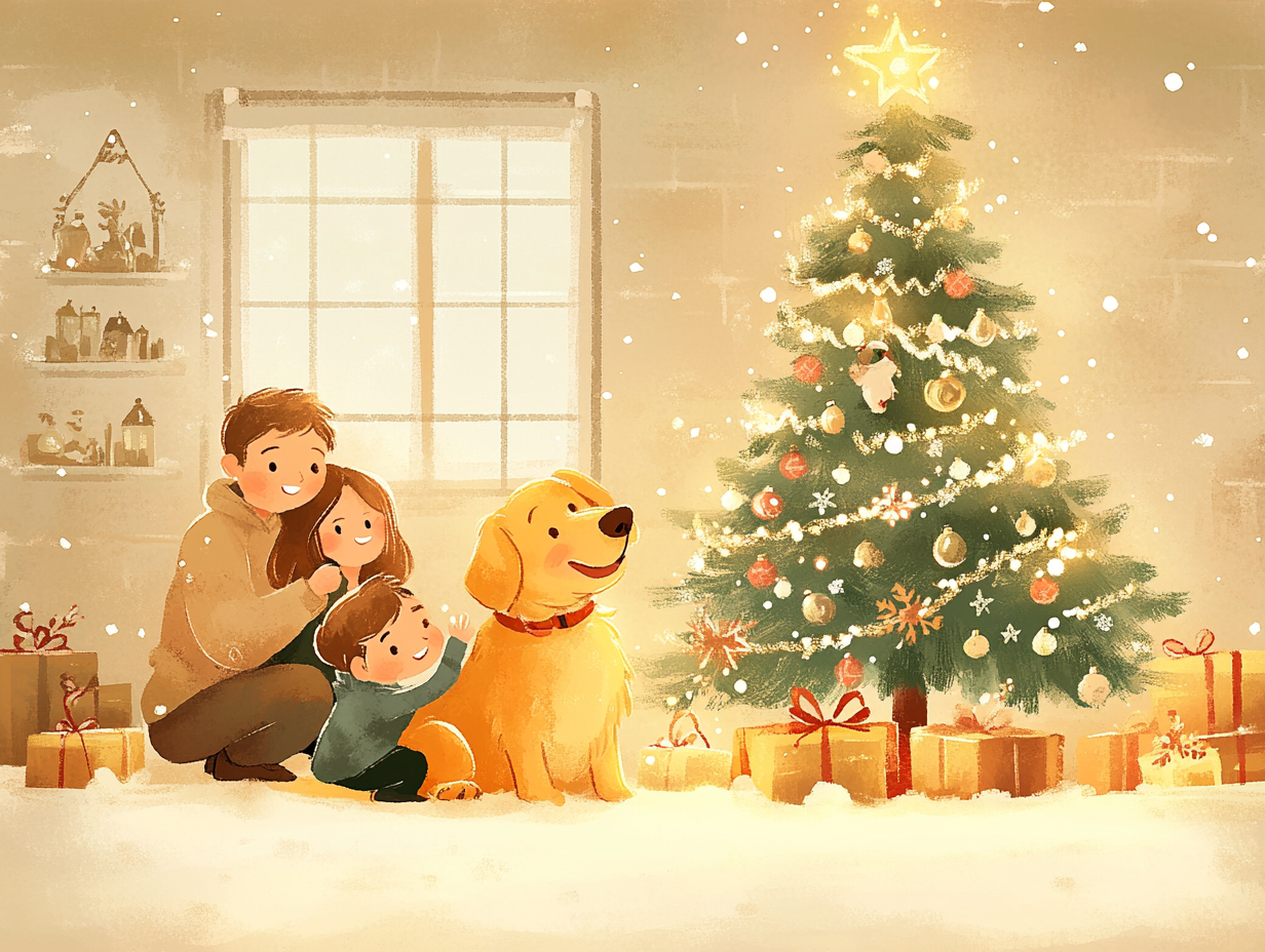 Happy family with Golden Retriever by Christmas tree.