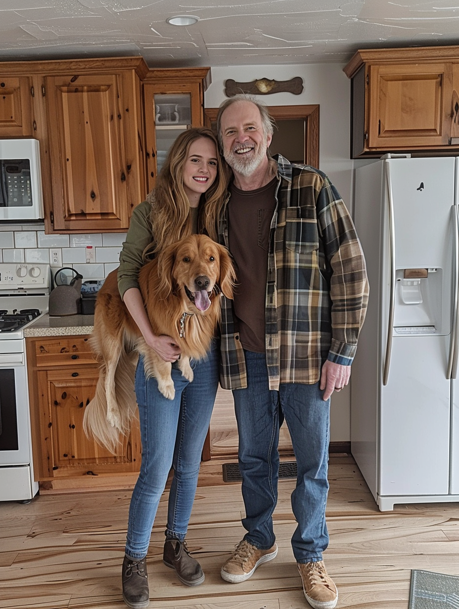 Happy family with girl and dog in kitchen.