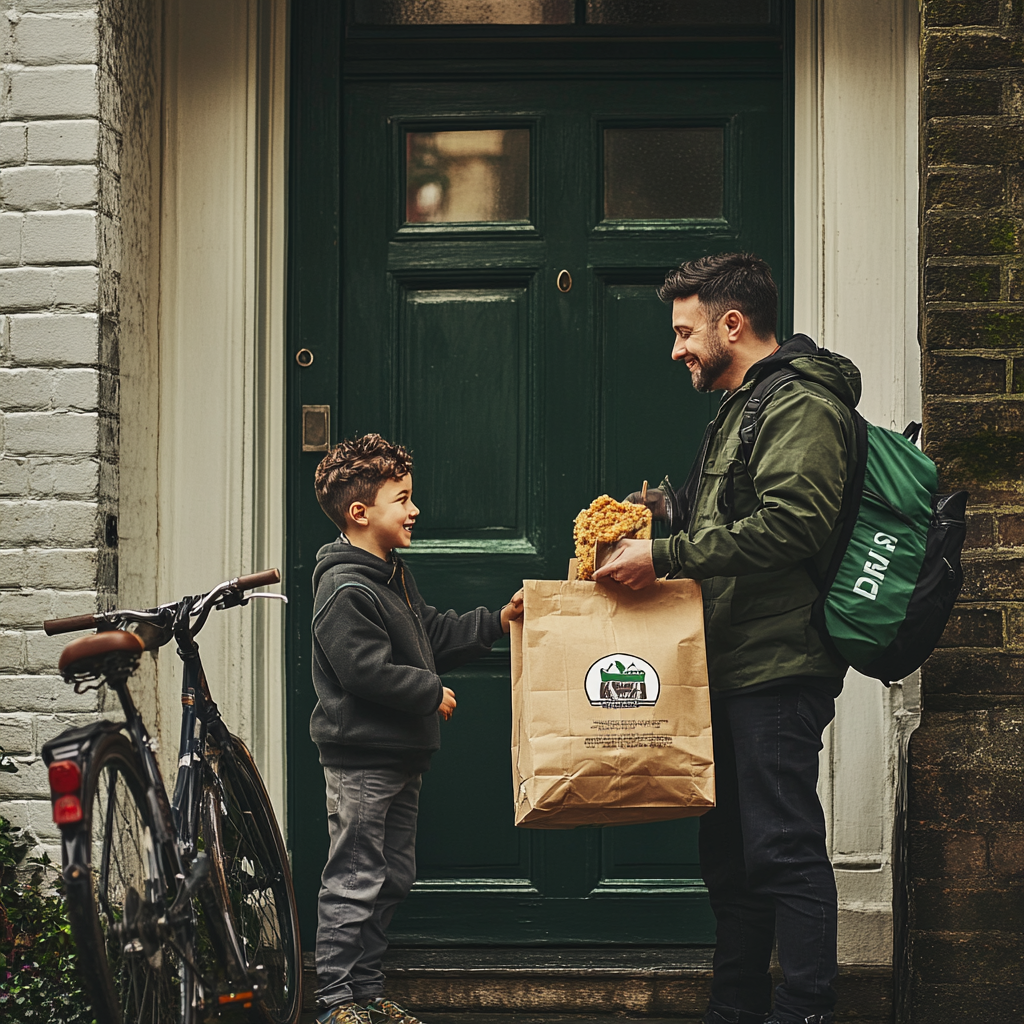 Happy father and son receive Uber Eats delivery.