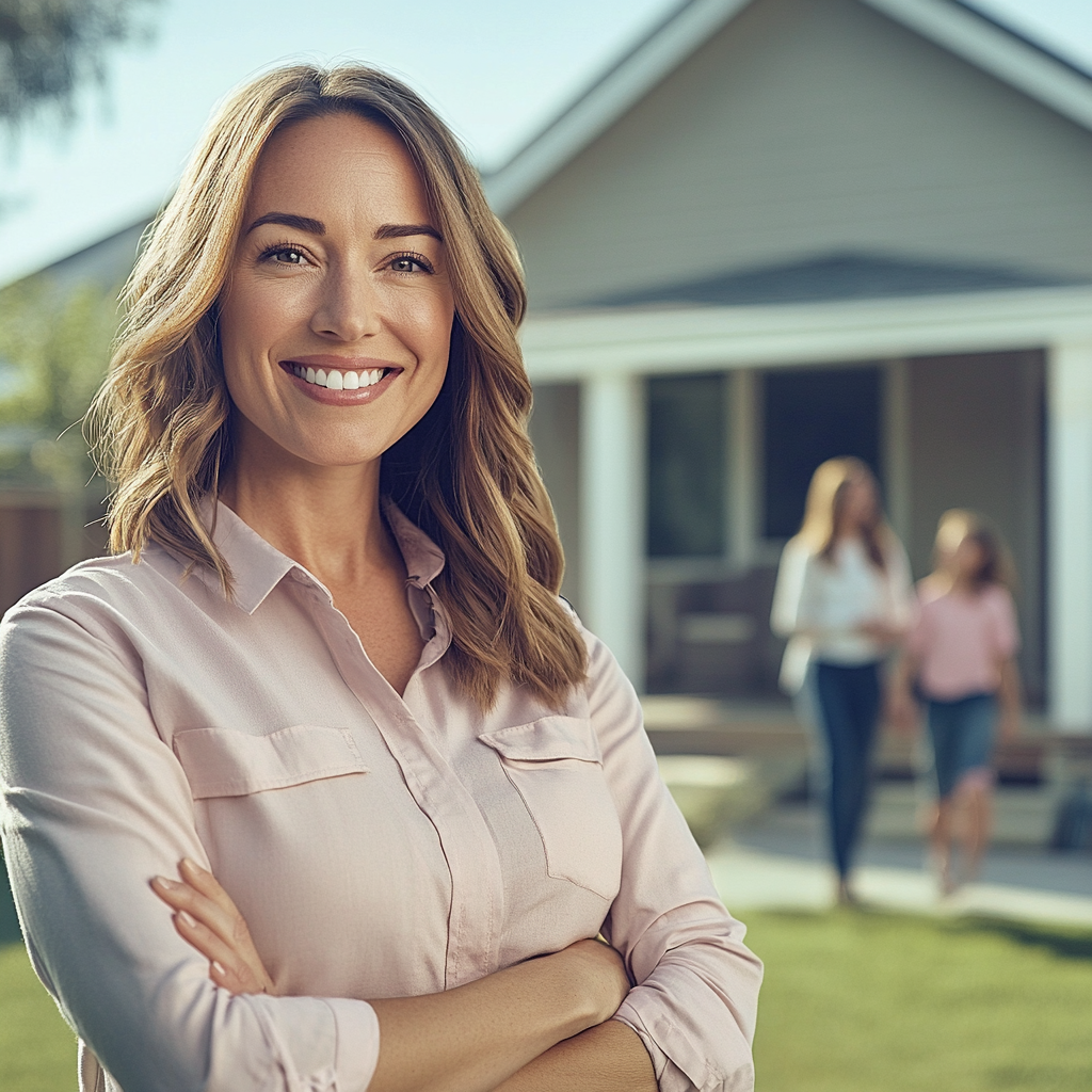 Happy female agent sells home to new family.